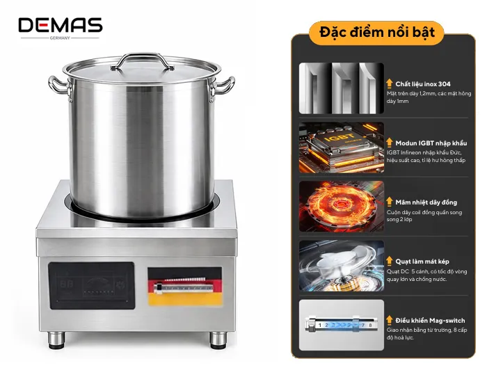 Đặc điểm nổi bật của bếp từ công nghiệp đơn 8kw mặt phẳng