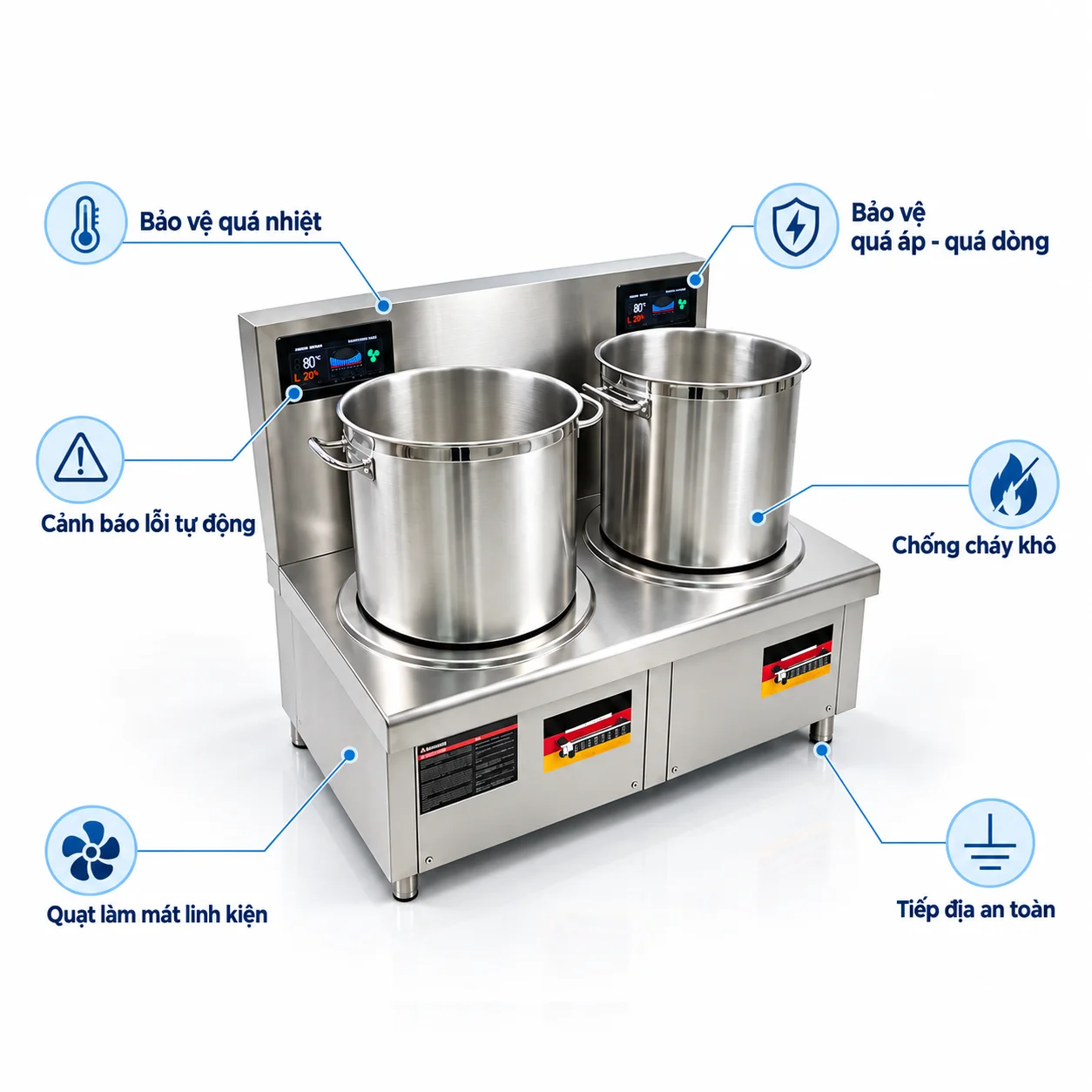 tính năng an toàn trên bếp từ công nghiệp đôi 15kW mặt phẳng