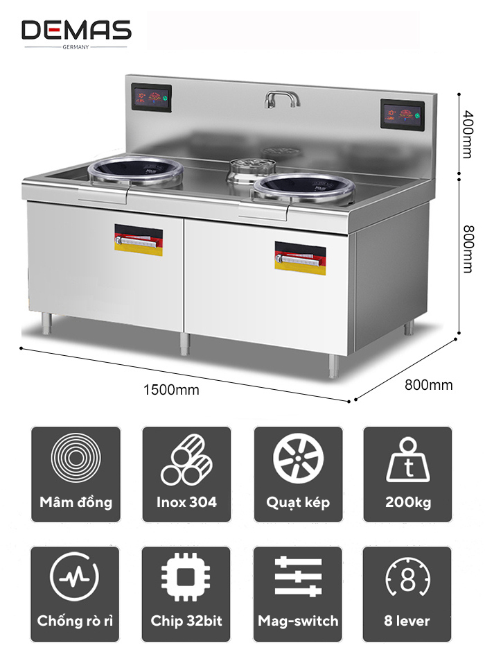 kích thước bếp từ đôi 15kw mặt lõm