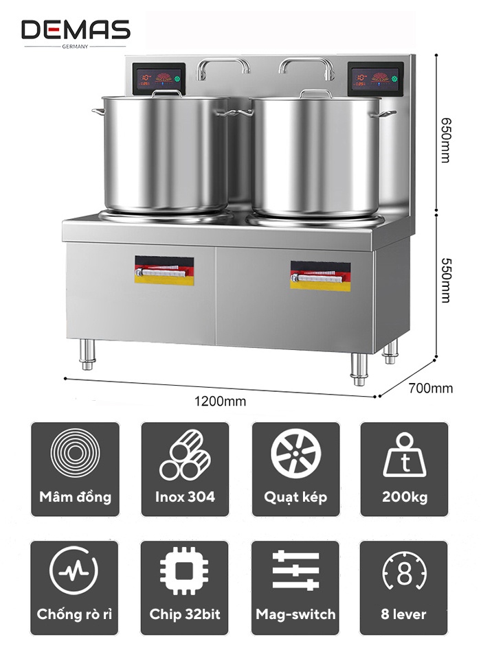 Kích thước bếp từ công nghiệp đôi 15kw mặt phẳng