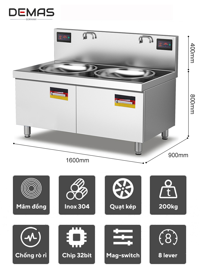 Kích thước bếp từ công nghiệp đôi 8kw chảo D600