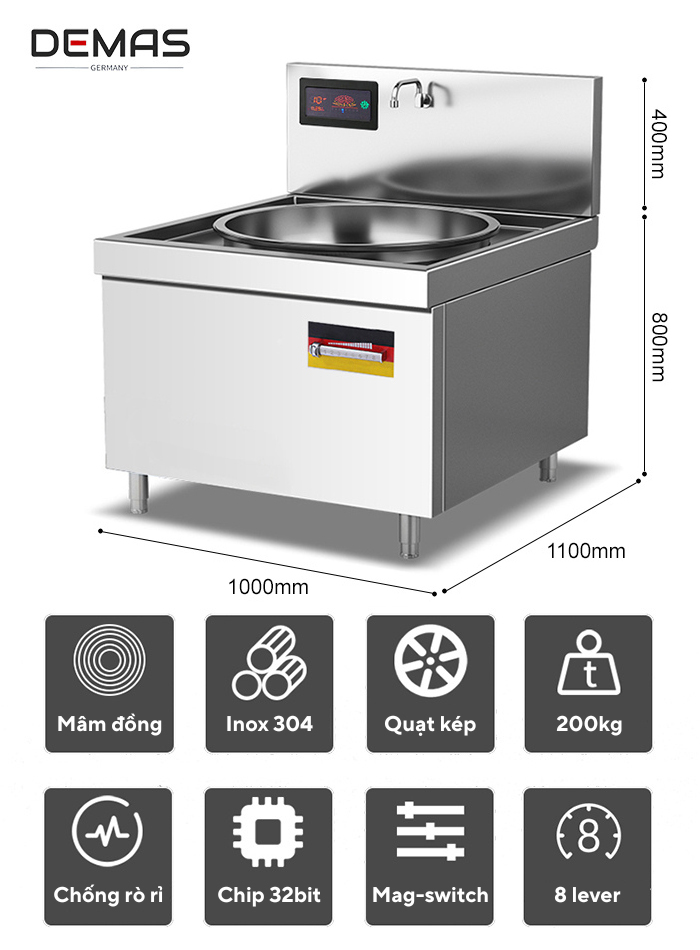 Kích thước Bếp từ công nghiệp đơn 20kw chảo D800