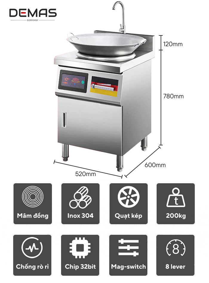 Thông số kỹ thuật bếp từ công nghiệp đơn 8kw mặt lõm