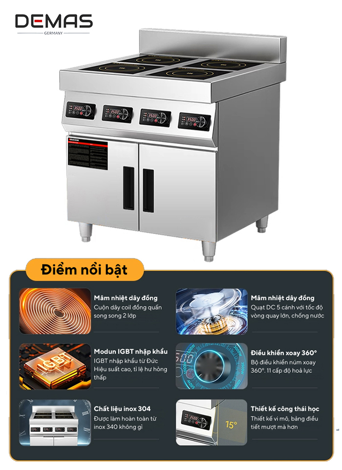 Đặc điểm nổi bật của bếp điện từ 4 họng công nghiệp