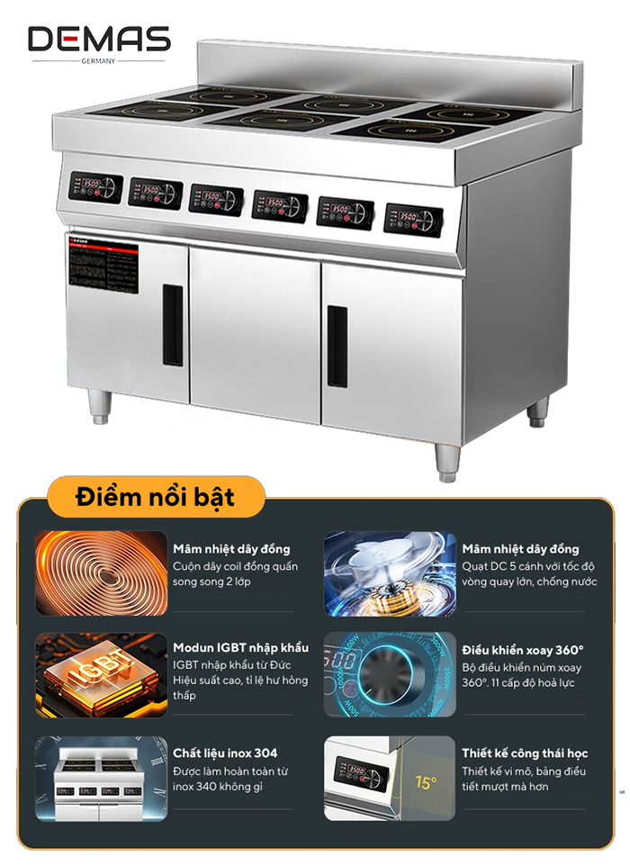 Đặc điểm nổi bật của bếp điện từ 6 họng công nghiệp