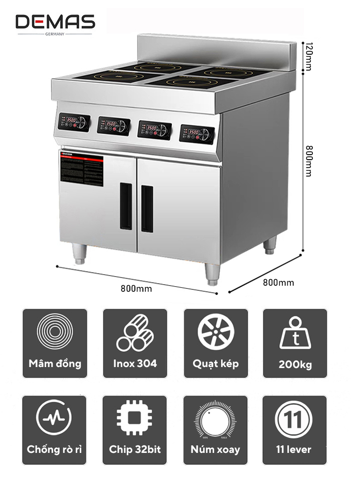 Kích thước bếp điện từ 4 họng công nghiệp