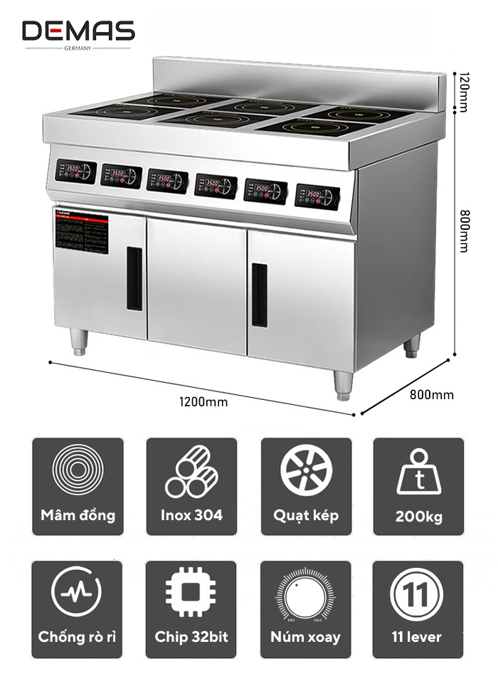 Kích thước bếp điện từ 6 họng công nghiệp