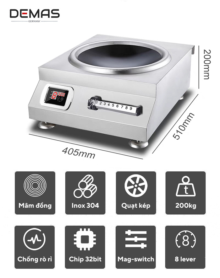 kích thước bếp từ công nghiệp 5kw mặt lõm
