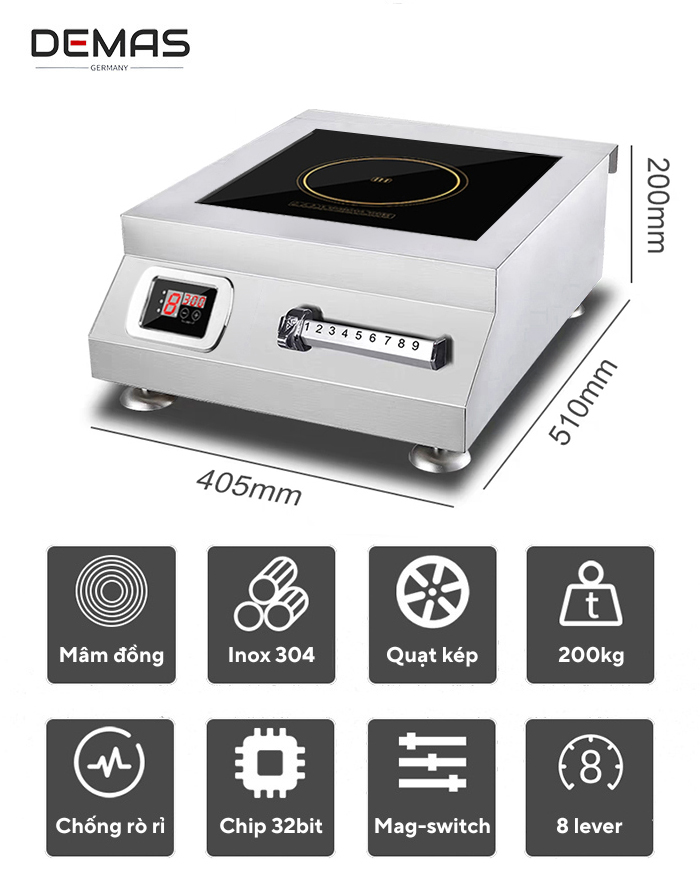 Kích thước bếp từ công nghiệp 5kw mặt phẳng