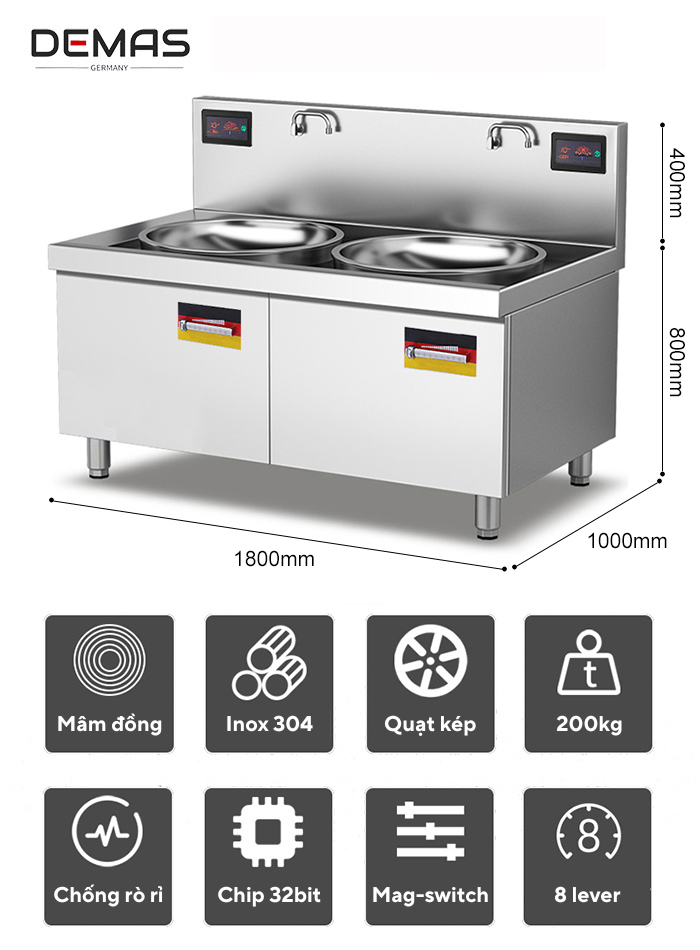 Kích thước bếp từ công nghiệp đôi 12kw chảo D700