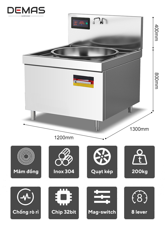Kích thước bếp từ công nghiệp đơn 300kw chảo D1000