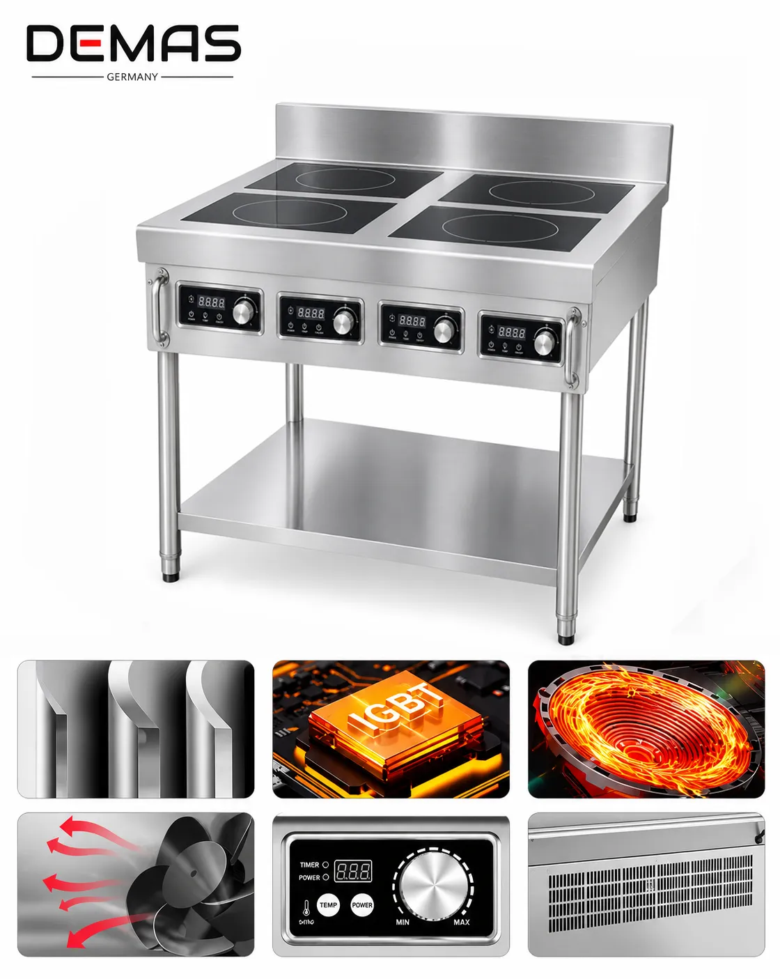 Thông tin chi tiết bếp từ công nghiệp 5000w 4 vùng nấu có kệ